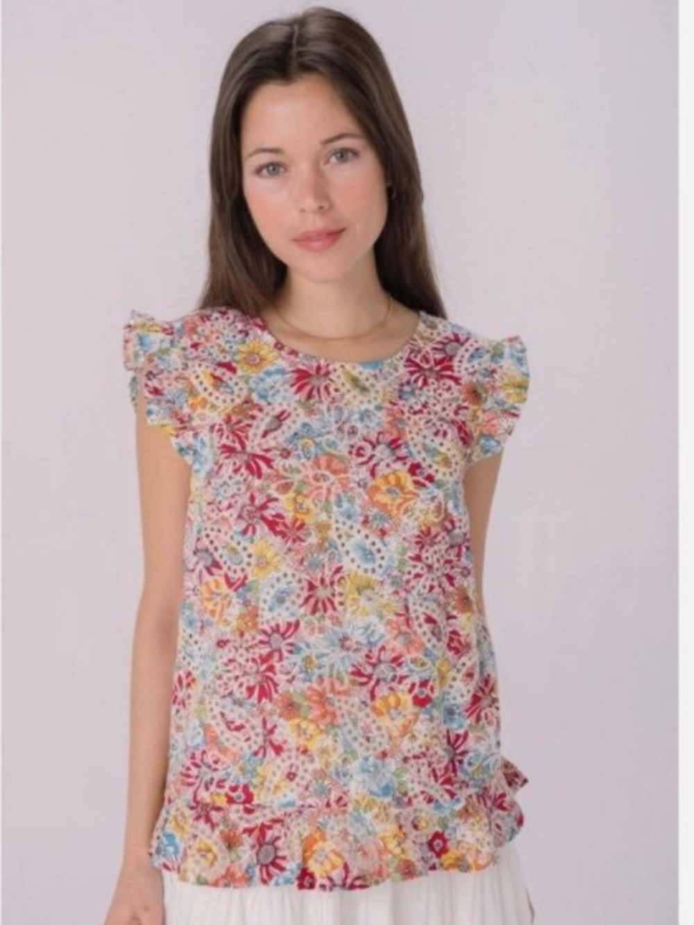 Solitaire Floral Printed Eyelet Tank - Floral Ruffle Sleeve Top size L